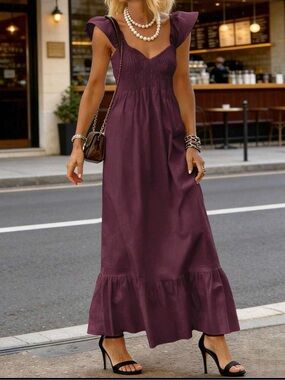 SHEIN maroon Smocked Maxi Dress with Flutter Sleeves